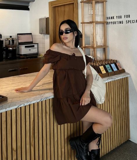 2351 Kloş Poplin Elbise - Kahverengi resmi